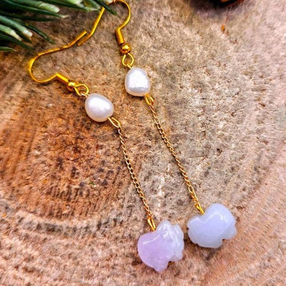 Nature Jade Blessing Pig Dangle Earring - Picture 1 of 10